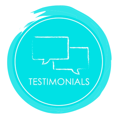 A bright turquoise circle containing two overlapping speech bubble outlines, representing feedback or conversation. The word “TESTIMONIALS” is written below the graphic.
