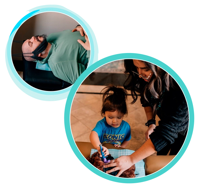 Top left: A patient lying on a treatment table with a traction device applied to the neck for spinal decompression. Bottom right: Dr. Lindsay Hall demonstrating an adjustment technique to a child using a handheld instrument on a stuffed toy.