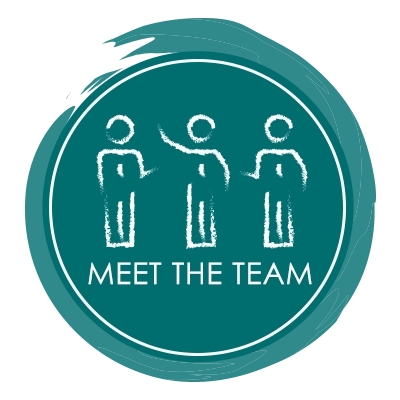 A dark teal circular design with three stylized human figures in white, one raising an arm. The phrase “MEET THE TEAM” is displayed beneath the figures.