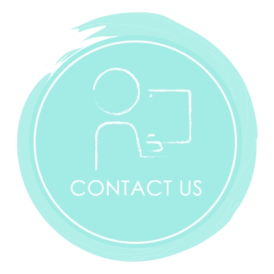 A circular teal graphic featuring a minimalist outline of a person pointing to a rectangular shape, symbolizing communication. The text “CONTACT US” appears below the illustration.